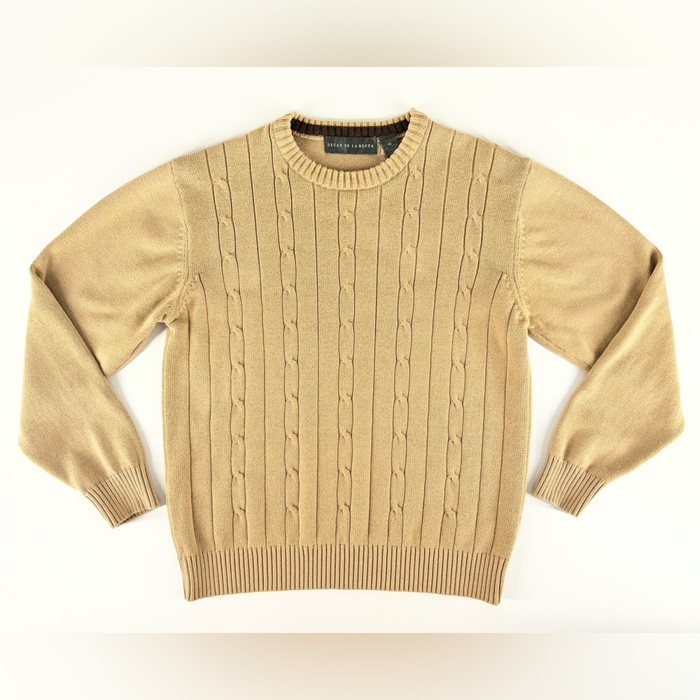 Oscar De La Renta Vintage Men's Beige Tan Cable Knit Cotton‎ Sweater Size XL